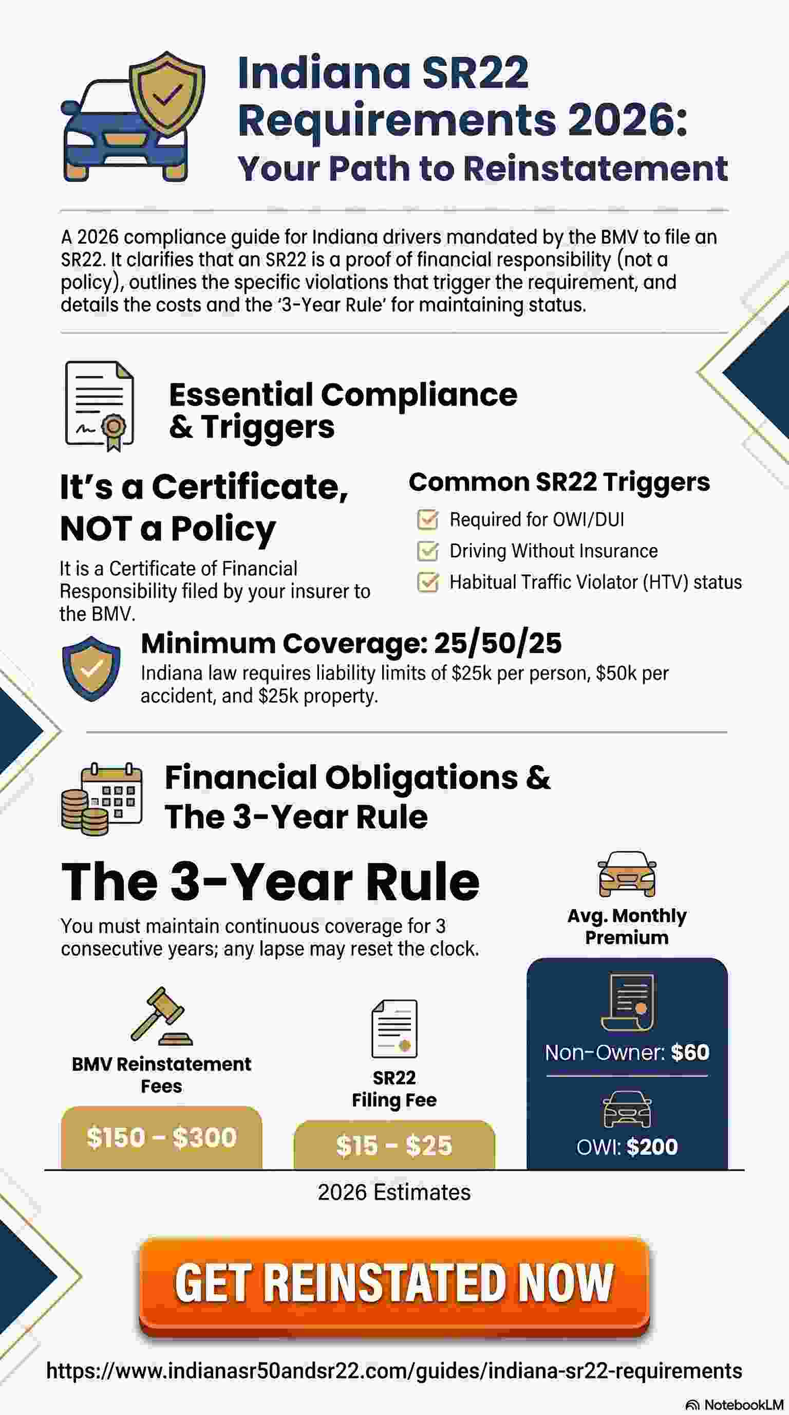 Indiana SR22 Requirements 2026 visual guide showing BMV limits, costs, and compliance steps