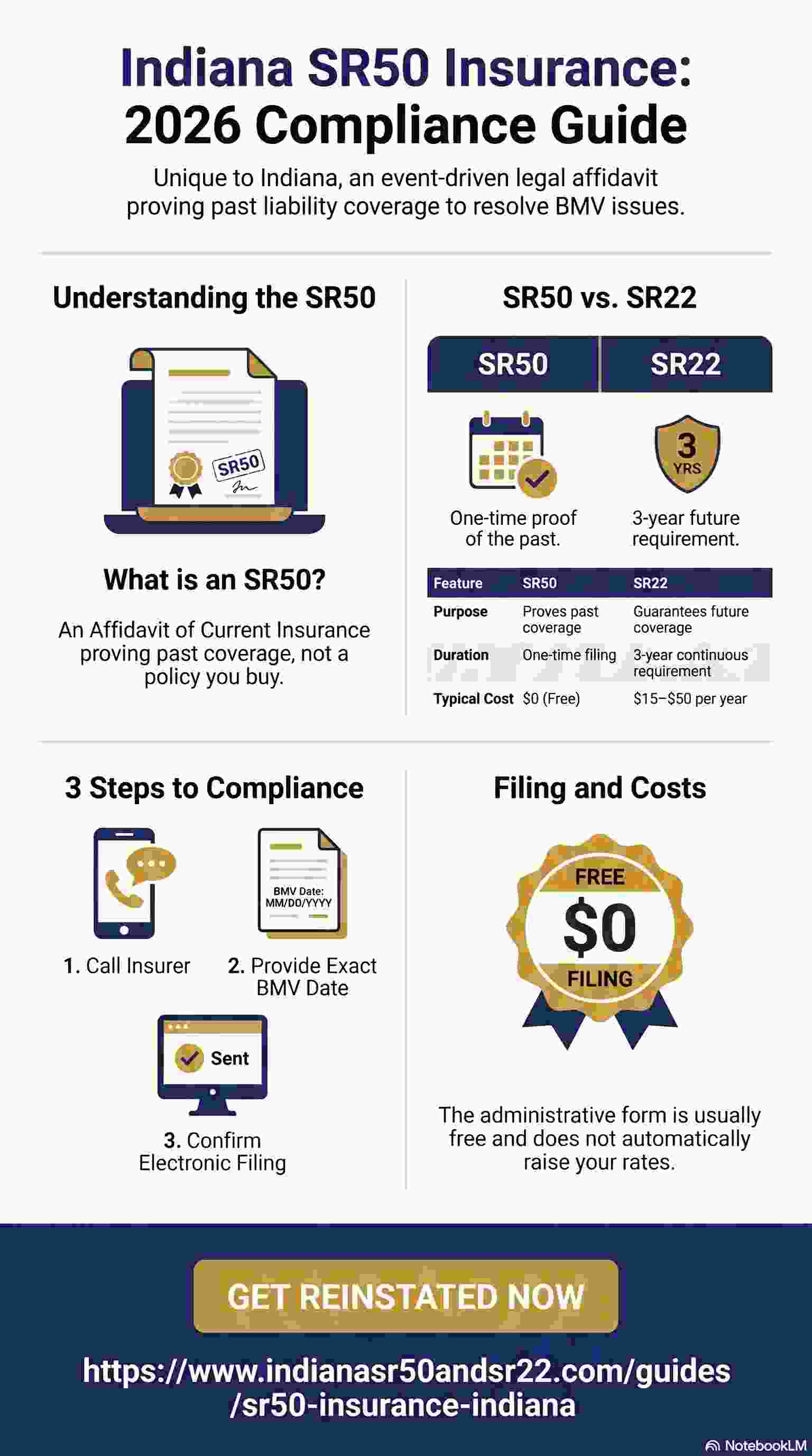 Indiana SR50 Compliance Visual Guide showing What It Is, When You Need It and How to Get It